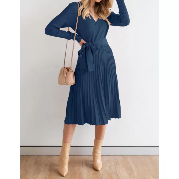 imageZESICA Womens 2023 Fall Long Sleeve Wrap V Neck Ribbed Knit Pleated A Line Pullover Sweater Dress with BeltNavy