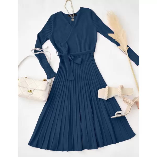 imageZESICA Womens 2023 Fall Long Sleeve Wrap V Neck Ribbed Knit Pleated A Line Pullover Sweater Dress with BeltNavy