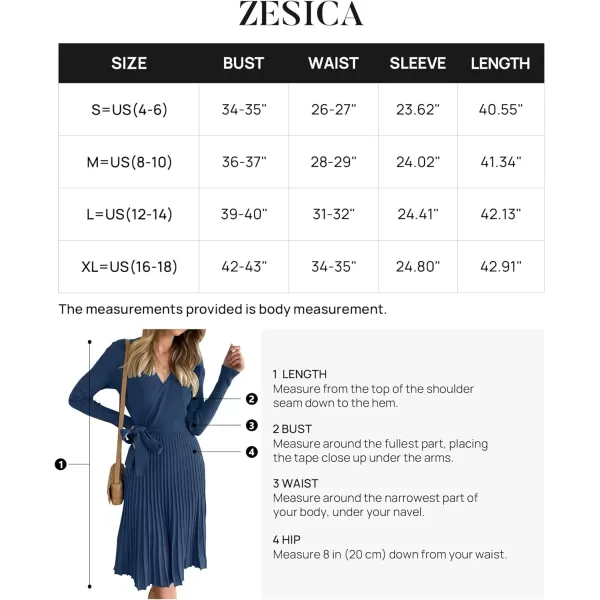 imageZESICA Womens 2023 Fall Long Sleeve Wrap V Neck Ribbed Knit Pleated A Line Pullover Sweater Dress with BeltNavy