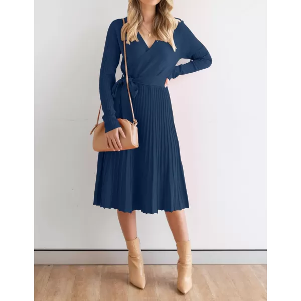 imageZESICA Womens 2023 Fall Long Sleeve Wrap V Neck Ribbed Knit Pleated A Line Pullover Sweater Dress with BeltNavy