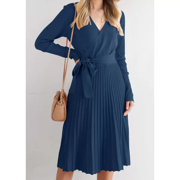 imageZESICA Womens 2023 Fall Long Sleeve Wrap V Neck Ribbed Knit Pleated A Line Pullover Sweater Dress with BeltNavy