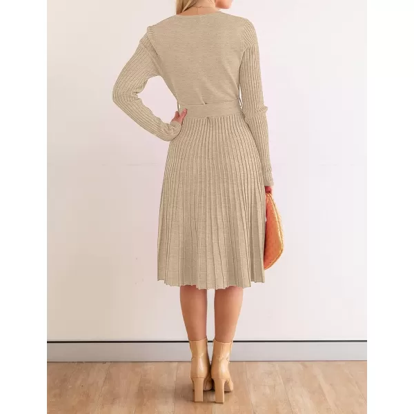 imageZESICA Womens 2023 Fall Long Sleeve Wrap V Neck Ribbed Knit Pleated A Line Pullover Sweater Dress with BeltOatmeal