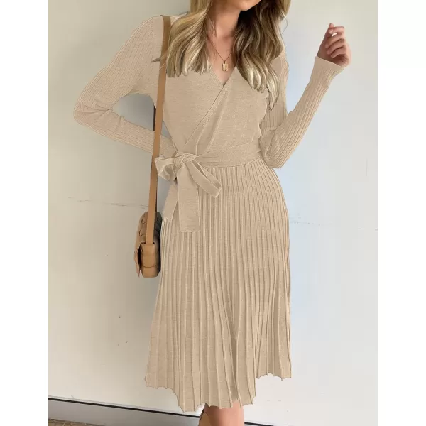 imageZESICA Womens 2023 Fall Long Sleeve Wrap V Neck Ribbed Knit Pleated A Line Pullover Sweater Dress with BeltOatmeal