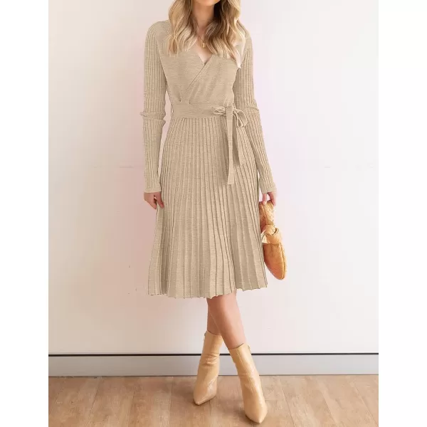 imageZESICA Womens 2023 Fall Long Sleeve Wrap V Neck Ribbed Knit Pleated A Line Pullover Sweater Dress with BeltOatmeal