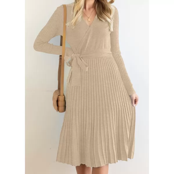 imageZESICA Womens 2023 Fall Long Sleeve Wrap V Neck Ribbed Knit Pleated A Line Pullover Sweater Dress with BeltOatmeal