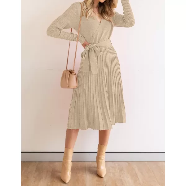 imageZESICA Womens 2023 Fall Long Sleeve Wrap V Neck Ribbed Knit Pleated A Line Pullover Sweater Dress with BeltOatmeal