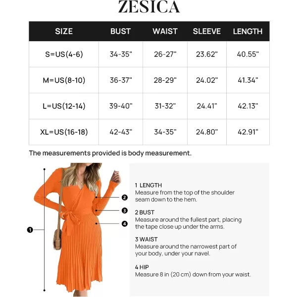 imageZESICA Womens 2023 Fall Long Sleeve Wrap V Neck Ribbed Knit Pleated A Line Pullover Sweater Dress with BeltOrange
