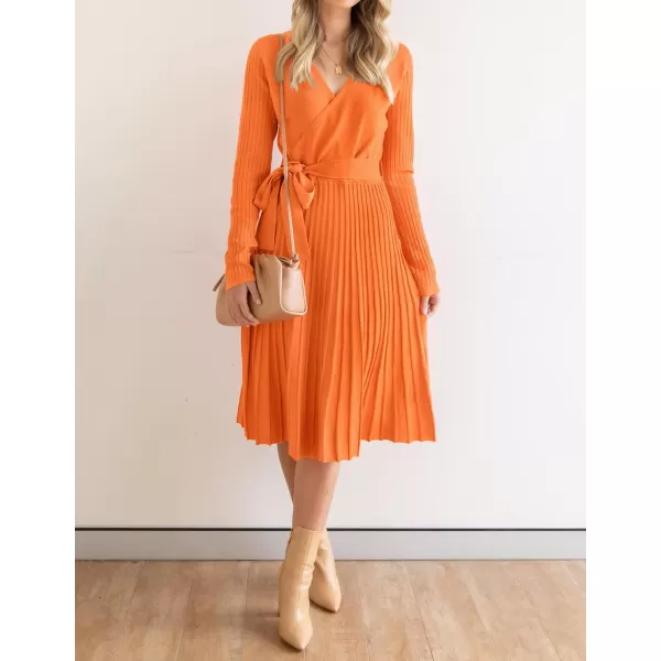 imageZESICA Womens 2023 Fall Long Sleeve Wrap V Neck Ribbed Knit Pleated A Line Pullover Sweater Dress with BeltOrange
