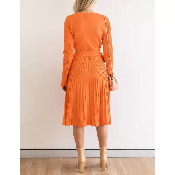 imageZESICA Womens 2023 Fall Long Sleeve Wrap V Neck Ribbed Knit Pleated A Line Pullover Sweater Dress with BeltOrange