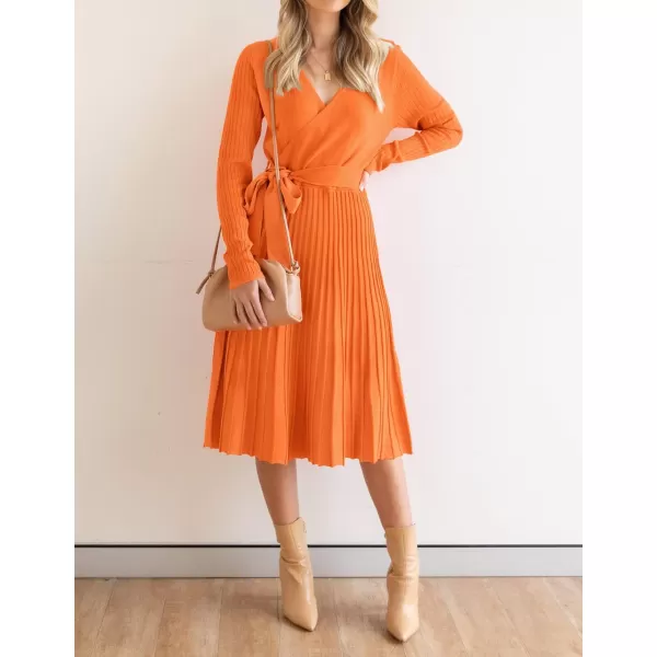imageZESICA Womens 2023 Fall Long Sleeve Wrap V Neck Ribbed Knit Pleated A Line Pullover Sweater Dress with BeltOrange