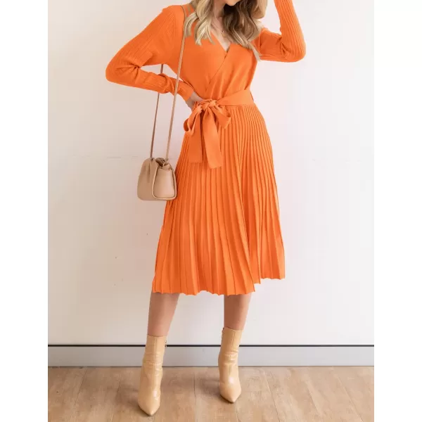 imageZESICA Womens 2023 Fall Long Sleeve Wrap V Neck Ribbed Knit Pleated A Line Pullover Sweater Dress with BeltOrange