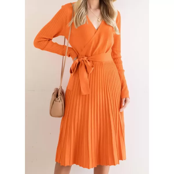 imageZESICA Womens 2023 Fall Long Sleeve Wrap V Neck Ribbed Knit Pleated A Line Pullover Sweater Dress with BeltOrange