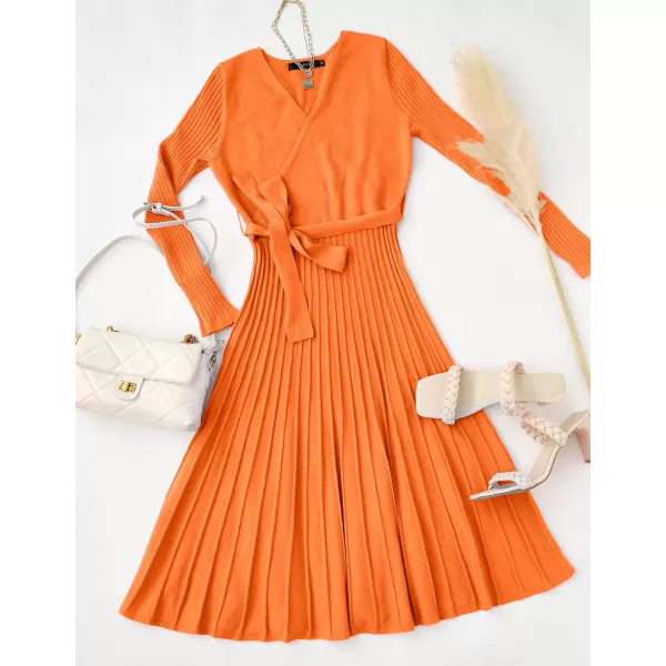 imageZESICA Womens 2023 Fall Long Sleeve Wrap V Neck Ribbed Knit Pleated A Line Pullover Sweater Dress with BeltOrange