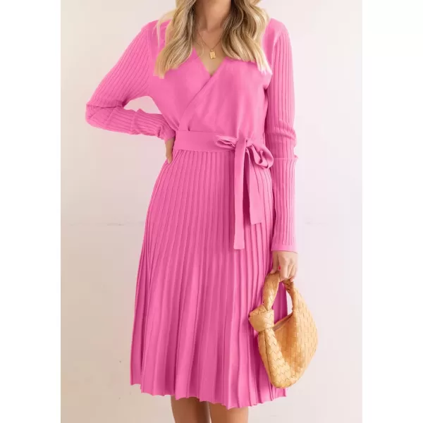 imageZESICA Womens 2023 Fall Long Sleeve Wrap V Neck Ribbed Knit Pleated A Line Pullover Sweater Dress with BeltPink