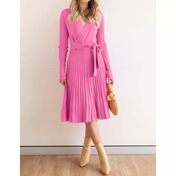 imageZESICA Womens 2023 Fall Long Sleeve Wrap V Neck Ribbed Knit Pleated A Line Pullover Sweater Dress with BeltPink