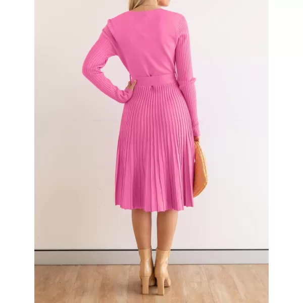 imageZESICA Womens 2023 Fall Long Sleeve Wrap V Neck Ribbed Knit Pleated A Line Pullover Sweater Dress with BeltPink
