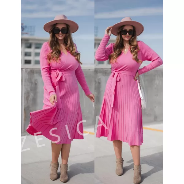 imageZESICA Womens 2023 Fall Long Sleeve Wrap V Neck Ribbed Knit Pleated A Line Pullover Sweater Dress with BeltPink