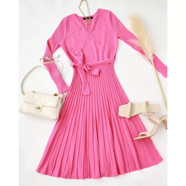 imageZESICA Womens 2023 Fall Long Sleeve Wrap V Neck Ribbed Knit Pleated A Line Pullover Sweater Dress with BeltPink