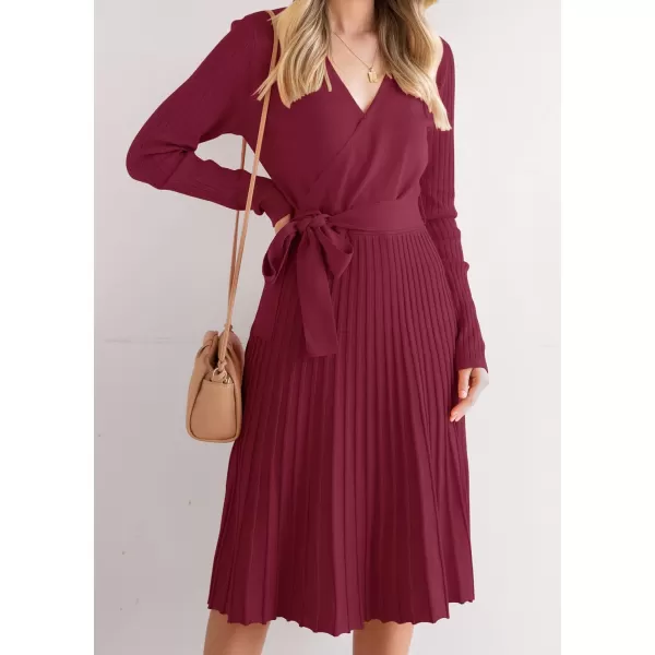 imageZESICA Womens 2023 Fall Long Sleeve Wrap V Neck Ribbed Knit Pleated A Line Pullover Sweater Dress with BeltPlum