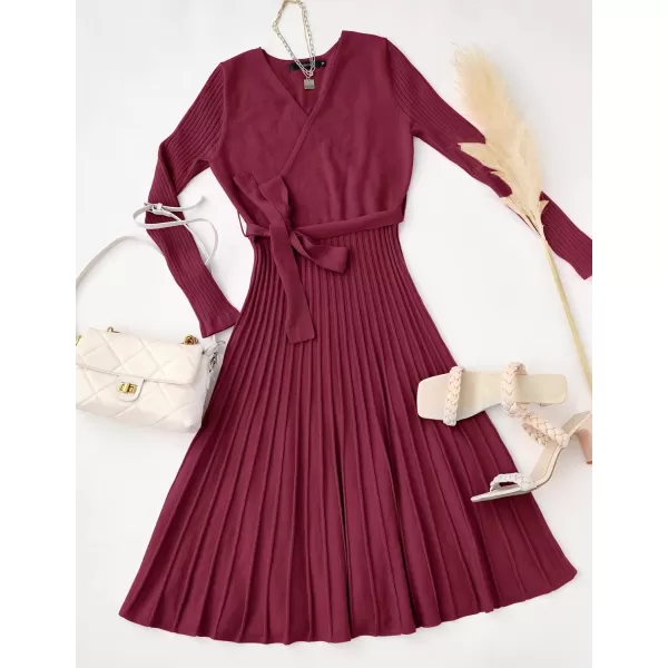 imageZESICA Womens 2023 Fall Long Sleeve Wrap V Neck Ribbed Knit Pleated A Line Pullover Sweater Dress with BeltPlum