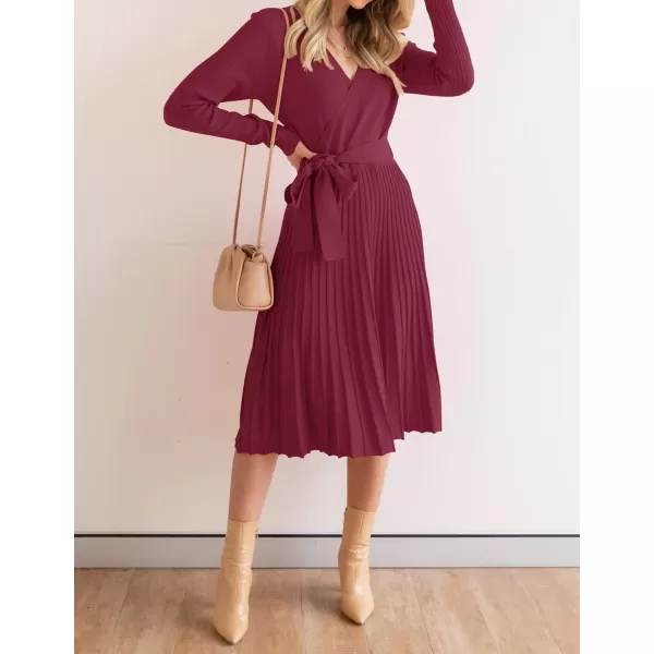 imageZESICA Womens 2023 Fall Long Sleeve Wrap V Neck Ribbed Knit Pleated A Line Pullover Sweater Dress with BeltPlum