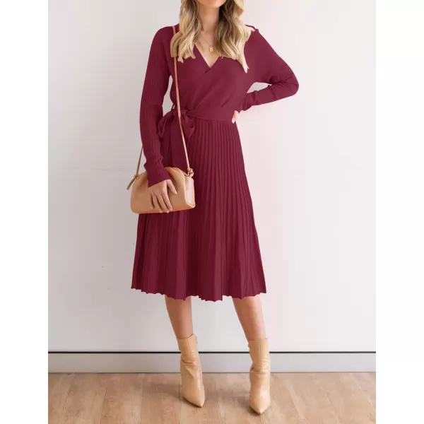 imageZESICA Womens 2023 Fall Long Sleeve Wrap V Neck Ribbed Knit Pleated A Line Pullover Sweater Dress with BeltPlum