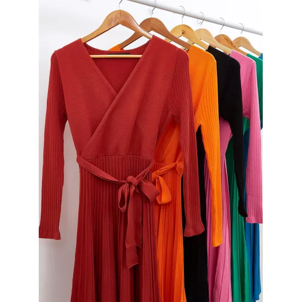 imageZESICA Womens 2023 Fall Long Sleeve Wrap V Neck Ribbed Knit Pleated A Line Pullover Sweater Dress with BeltRust