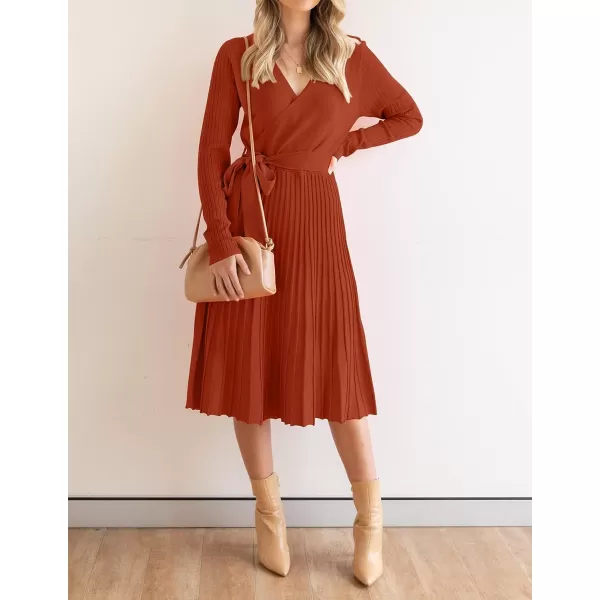 imageZESICA Womens 2023 Fall Long Sleeve Wrap V Neck Ribbed Knit Pleated A Line Pullover Sweater Dress with BeltRust
