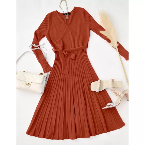 imageZESICA Womens 2023 Fall Long Sleeve Wrap V Neck Ribbed Knit Pleated A Line Pullover Sweater Dress with BeltRust