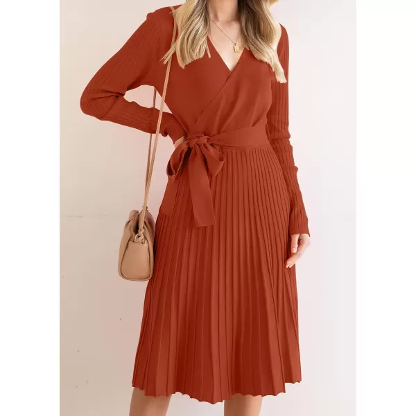 imageZESICA Womens 2023 Fall Long Sleeve Wrap V Neck Ribbed Knit Pleated A Line Pullover Sweater Dress with BeltRust