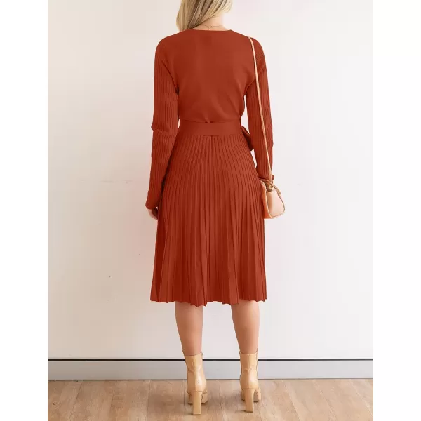 imageZESICA Womens 2023 Fall Long Sleeve Wrap V Neck Ribbed Knit Pleated A Line Pullover Sweater Dress with BeltRust