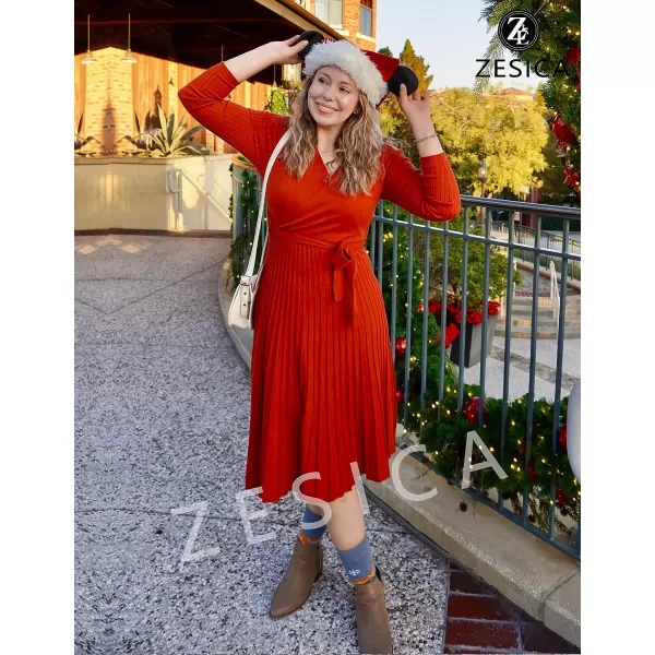 imageZESICA Womens 2023 Fall Long Sleeve Wrap V Neck Ribbed Knit Pleated A Line Pullover Sweater Dress with BeltRust
