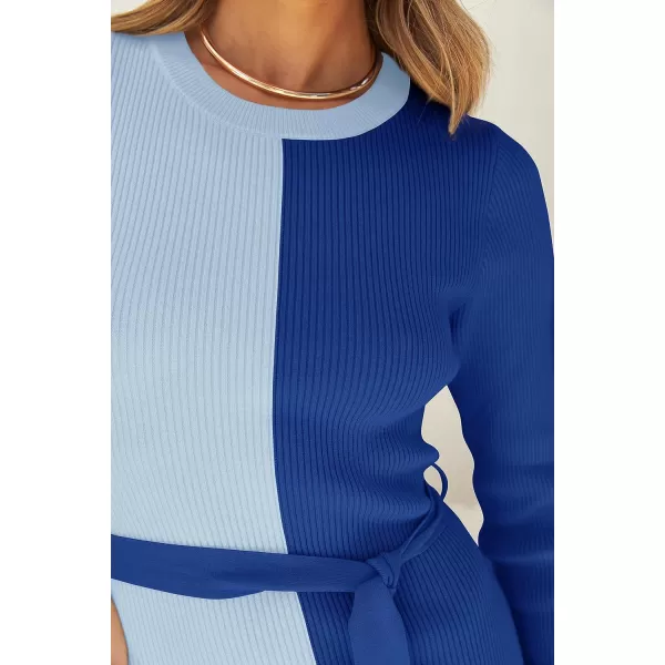 imageZESICA Womens 2023 Fall Ribbed Knit Sweater Dress Elegant Long Sleeve Color Block Tie Waist Slim Fit Bodycon Midi DressesBlue