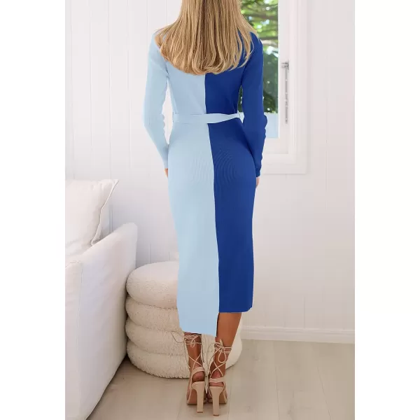 imageZESICA Womens 2023 Fall Ribbed Knit Sweater Dress Elegant Long Sleeve Color Block Tie Waist Slim Fit Bodycon Midi DressesBlue