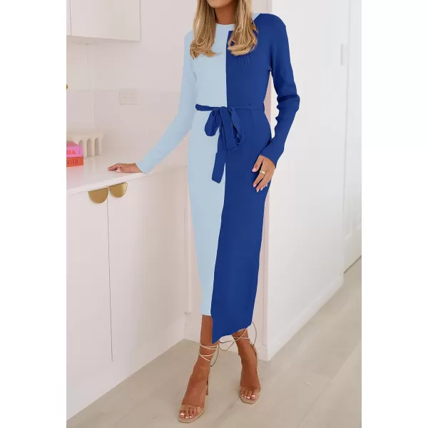imageZESICA Womens 2023 Fall Ribbed Knit Sweater Dress Elegant Long Sleeve Color Block Tie Waist Slim Fit Bodycon Midi DressesBlue