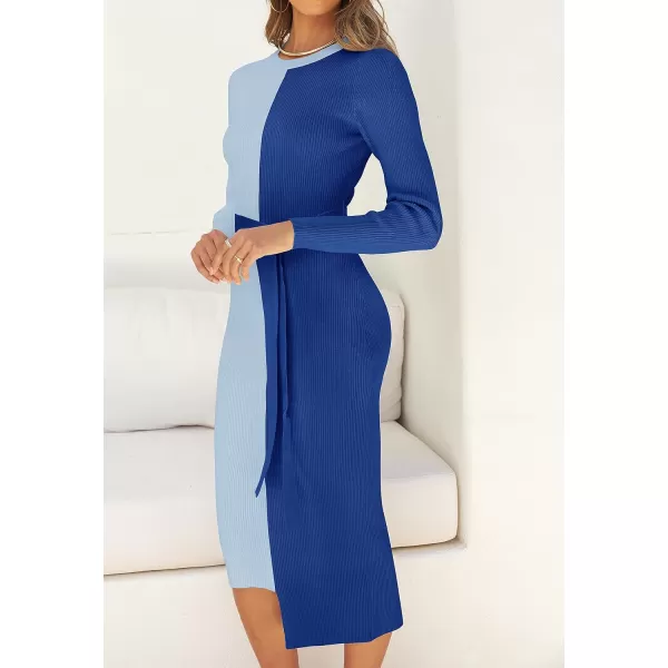 imageZESICA Womens 2023 Fall Ribbed Knit Sweater Dress Elegant Long Sleeve Color Block Tie Waist Slim Fit Bodycon Midi DressesBlue