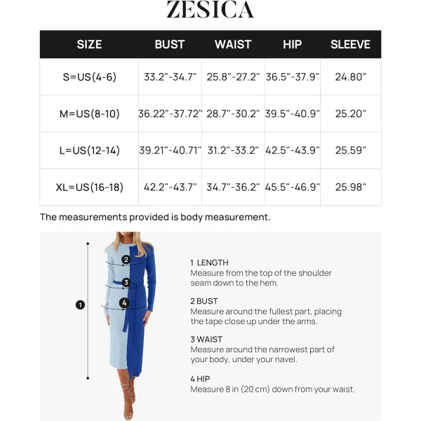 imageZESICA Womens 2023 Fall Ribbed Knit Sweater Dress Elegant Long Sleeve Color Block Tie Waist Slim Fit Bodycon Midi DressesBlue