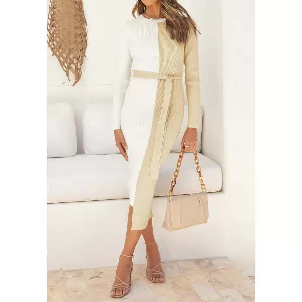 imageZESICA Womens 2023 Fall Ribbed Knit Sweater Dress Elegant Long Sleeve Color Block Tie Waist Slim Fit Bodycon Midi DressesCream