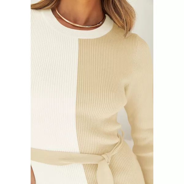 imageZESICA Womens 2023 Fall Ribbed Knit Sweater Dress Elegant Long Sleeve Color Block Tie Waist Slim Fit Bodycon Midi DressesCream