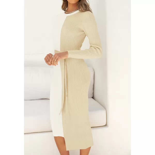 imageZESICA Womens 2023 Fall Ribbed Knit Sweater Dress Elegant Long Sleeve Color Block Tie Waist Slim Fit Bodycon Midi DressesCream