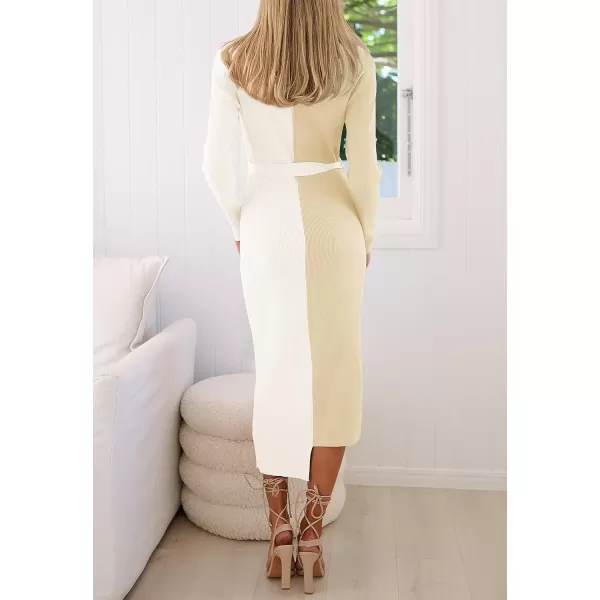 imageZESICA Womens 2023 Fall Ribbed Knit Sweater Dress Elegant Long Sleeve Color Block Tie Waist Slim Fit Bodycon Midi DressesCream