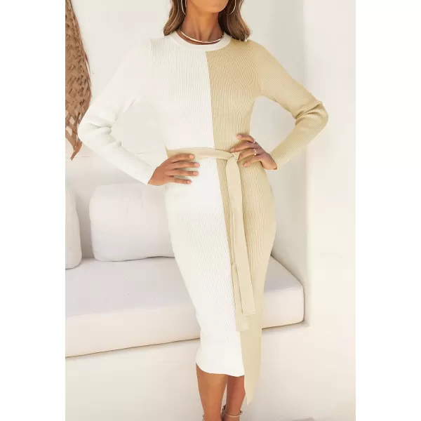 imageZESICA Womens 2023 Fall Ribbed Knit Sweater Dress Elegant Long Sleeve Color Block Tie Waist Slim Fit Bodycon Midi DressesCream