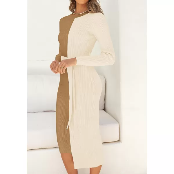 imageZESICA Womens 2023 Fall Ribbed Knit Sweater Dress Elegant Long Sleeve Color Block Tie Waist Slim Fit Bodycon Midi DressesKhaki