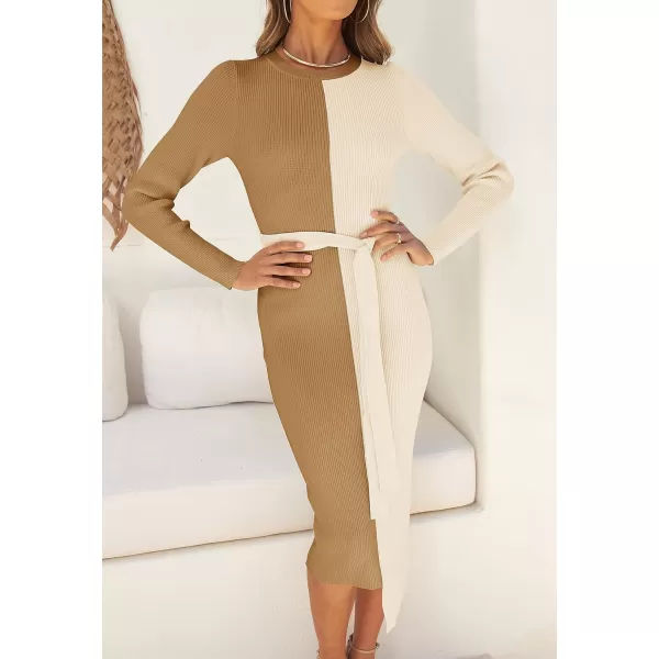 imageZESICA Womens 2023 Fall Ribbed Knit Sweater Dress Elegant Long Sleeve Color Block Tie Waist Slim Fit Bodycon Midi DressesKhaki