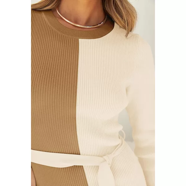 imageZESICA Womens 2023 Fall Ribbed Knit Sweater Dress Elegant Long Sleeve Color Block Tie Waist Slim Fit Bodycon Midi DressesKhaki