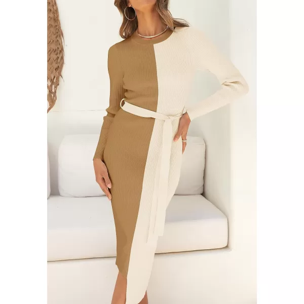 imageZESICA Womens 2023 Fall Ribbed Knit Sweater Dress Elegant Long Sleeve Color Block Tie Waist Slim Fit Bodycon Midi DressesKhaki