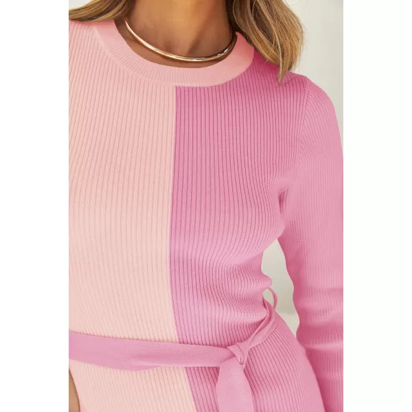 imageZESICA Womens 2023 Fall Ribbed Knit Sweater Dress Elegant Long Sleeve Color Block Tie Waist Slim Fit Bodycon Midi DressesPink