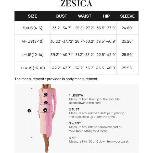 imageZESICA Womens 2023 Fall Ribbed Knit Sweater Dress Elegant Long Sleeve Color Block Tie Waist Slim Fit Bodycon Midi DressesPink