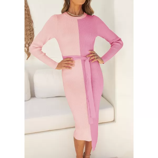 imageZESICA Womens 2023 Fall Ribbed Knit Sweater Dress Elegant Long Sleeve Color Block Tie Waist Slim Fit Bodycon Midi DressesPink