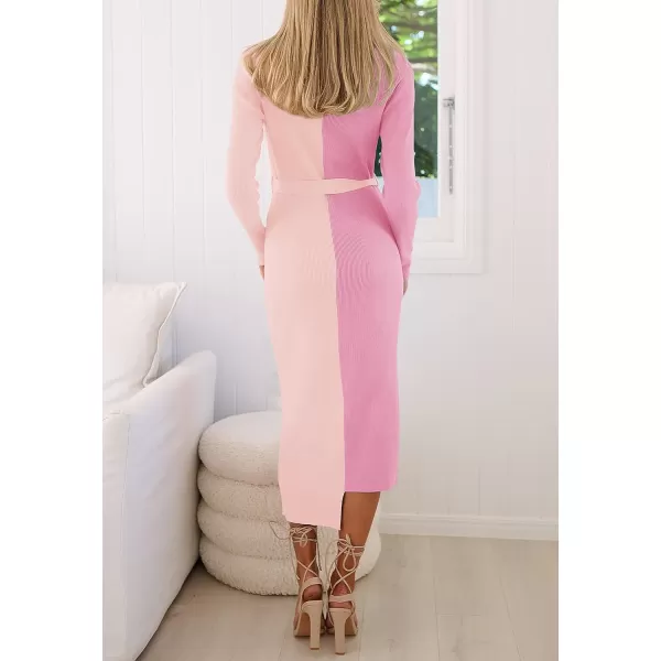 imageZESICA Womens 2023 Fall Ribbed Knit Sweater Dress Elegant Long Sleeve Color Block Tie Waist Slim Fit Bodycon Midi DressesPink
